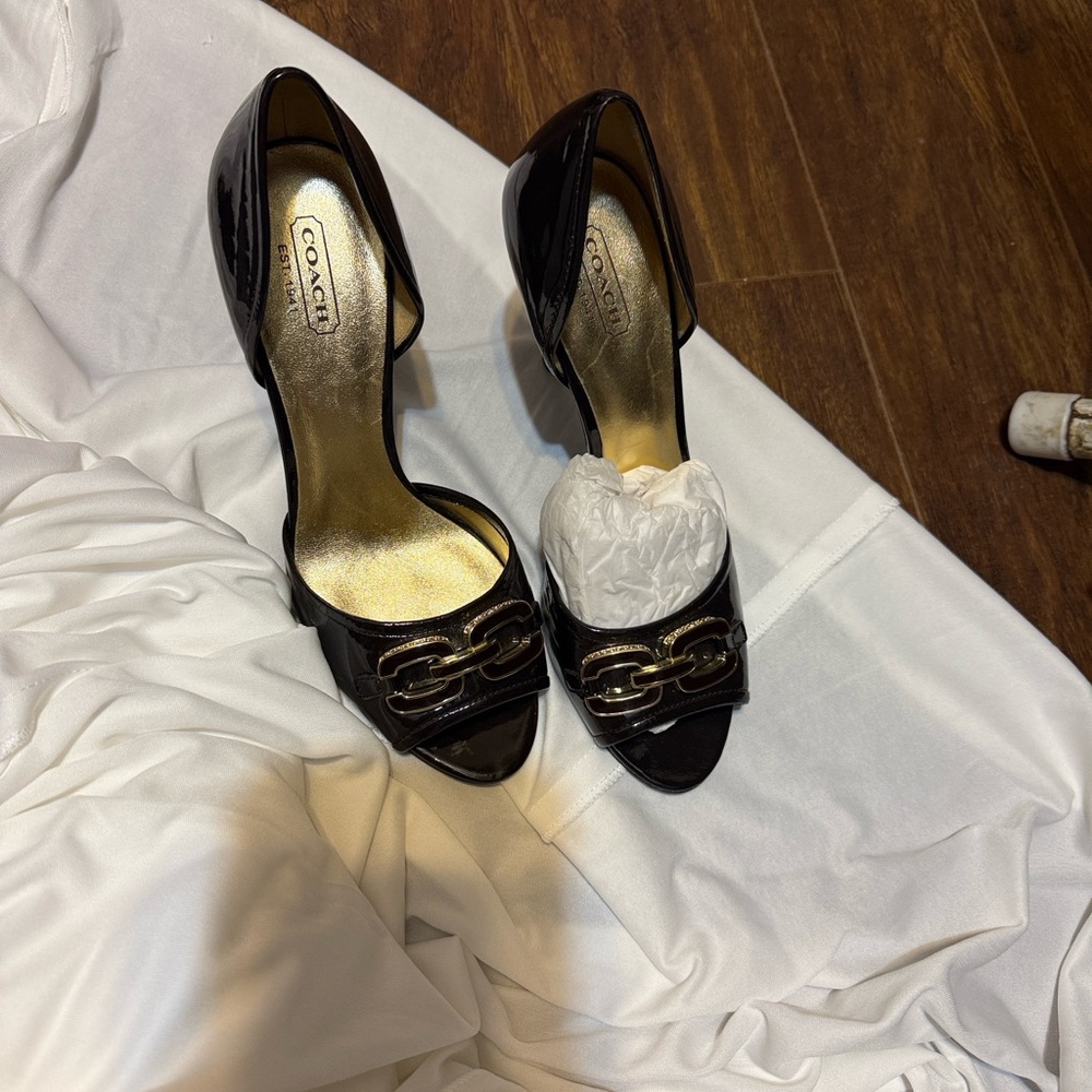 Coach espresso, Brown Patent Leather Heels with Gold Accents vintage brand new